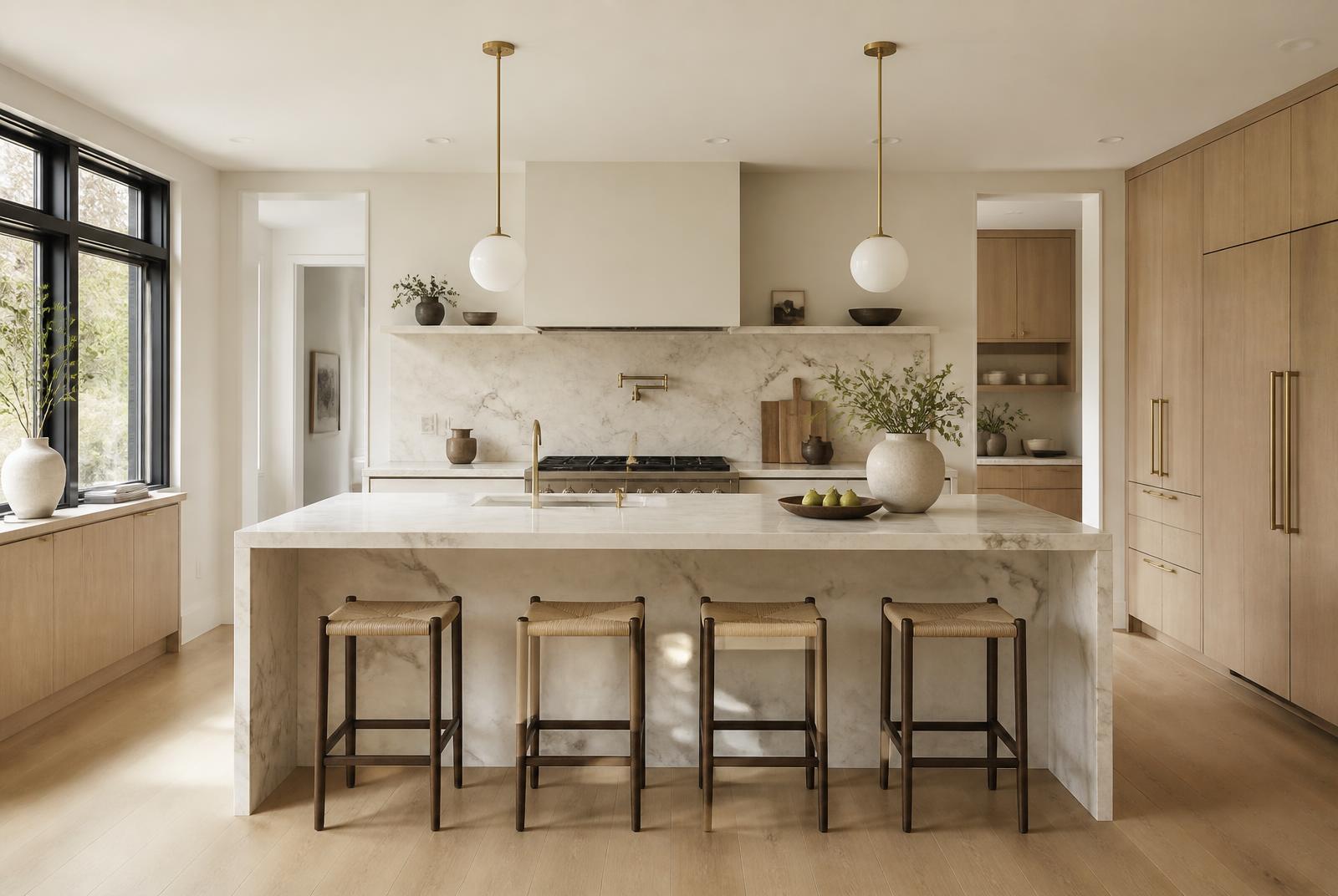 Renovated kitchen with marble island, oak cabinetry, and brass fixtures