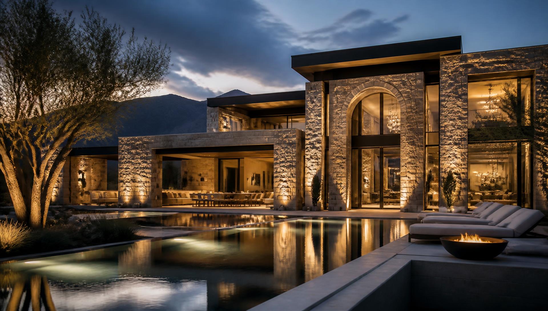 Luxury estate exterior at twilight with reflecting pool