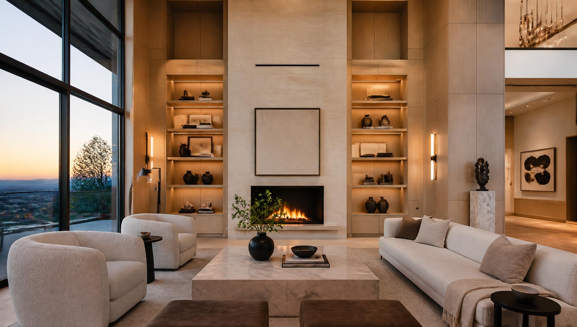 Luxury modern estate living room at dusk with limestone fireplace and floor-to-ceiling windows